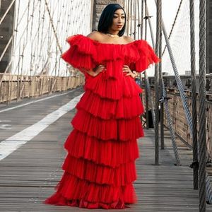 Puffy Red Prom Dresses Off The Shoulder Tiered Ruffles Chic Cocktail Party Dress Half Sleeves Plus Size Evening Gowns Formal Vestidos
