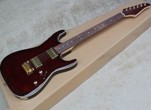 Guitarra elétrica marrom vermelha com folheado de plátano de nuvens, fingerboard de pau-rosa, ligação branca, ouro Harrdware, pode ser personalizado