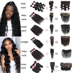 Meetu Body Straight Water Loose Deep Extensions Natural Color Kinky Curly Human Hair Bundles With Lace Frontal Closure x4 for Women All Ages inch