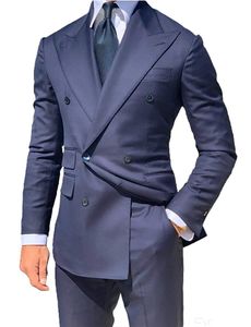 Navy Blue Groom Tuxedos Double-Breasted Men Suits wedding Tuxedo Fashion Men Blazer Men Prom Dinner/Darty Suits(Jacket+Pant)