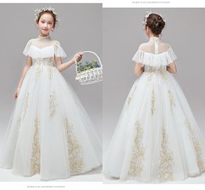 2021 Abiti da prima comunione Collo alto Avorio Tulle Oro ricamato Boho Maniche corte Fiore Gilr Abito per matrimonio Bambino sera