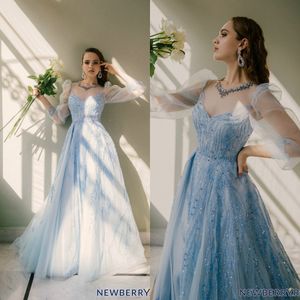 Light Blue Evening Dresses Sequins Beading Rhinestone Party Gown Tulle Sweep Train Quinceanera Dress Custom Made Bridesmaid Dress
