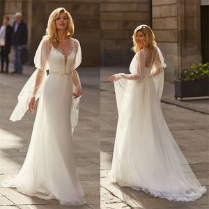 Illusion sjöjungfru bröllopsklänningar med avtagbara Overskirt-applikationer Sash Bridal Gowns Långärmade Swit Sweep Train Vestidos de Novia