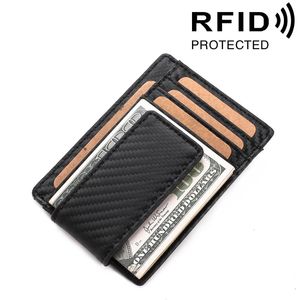 Fashion new ID bank card money clip wallet carbon fiber ultra thin genuine leather business card holder RFID protection