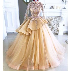 Dubai Arabic Gold Quinceanera Dresses Lace Beaded High Neck Peplum Prom Dresses Long Sleeves Formal Party Second Reception Gowns