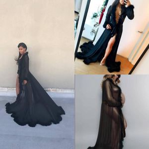 Mulheres de Banho Mulher Pijamas Íntimas Robe Preto Faux Fur mangas compridas Wedding Party Dresses Petite Plus Size Custom Made