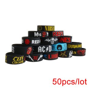 Wholesale rock bands bracelet resale online - 50PCS Rock Bands Silicone Bracelets Wide Size Punk and Hard Rock Wristbands CX200724