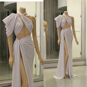 Sexy Illusion High-split Evening Dresses Lavender Halter Sheer Body Prom Dress Ruched Satin Sweep Train Custom Made Formal Evening Gowns