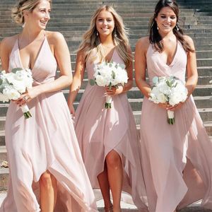 V Neck Split Chiffon Halter Bridesmaid Dresses Plus Size Pleats Maid of Honor Dress Customise Prom Gowns Cheap