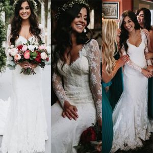 Sexy baratos Bohemian A Line Wedding Dresses País Pescoço V Full Lace apliques Sheer mangas compridas Backless Tribunal Trem Plus Size vestidos de noiva