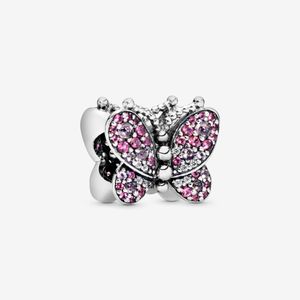 100% 925 Sterling Silver Pink Pave Butterfly Charms Fit Oryginalny Europejski Urok Bransoletka Moda Kobiety Wedding Engagement Akcesoria Biżuteria