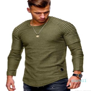 Hot Sale Round Neck Slim Solid Color Long-sleeved t-shirt Striped Pleated Raglan Sleeves Men's Clothing For Sale Men s Clothing