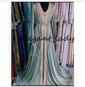Mint Długi rękaw Prom Dresses 2021 Luksusowy Kryształ Zroszony Marokański Kaftan Caftan Hennalook Muzułmański Suknie Wieczorowe Vestidos Figais
