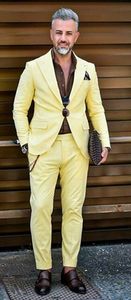 Mode gul brudgum tuxedos topp lapel groomsmen bröllop tuxedos män formell blazer prom jacka kostym (jacka + byxor + slips) 662