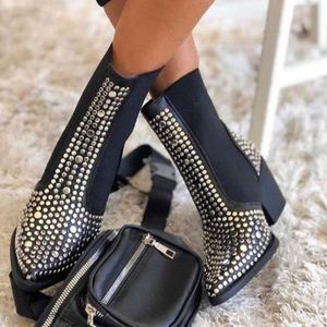 Tasarım 2020 Yüksek Kalite Kare Topuklu Klasik Moda Perçinler Elastik Ayak Bileği Çizmeler Moda Ayakkabı Kadın Çizmeler