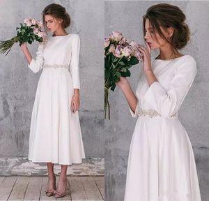 2020 Long Sleeve morbido raso breve abiti da sposa d'epoca A-Line perline Tea Lunghezza cintura Splendida Semplice Abiti da sposa robe de Mariage