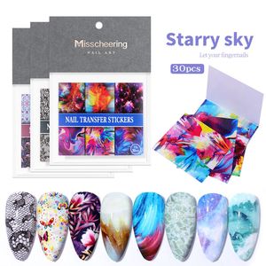 Nail Art Transfer Aufkleber Abziehbilder 30 Stück / Packung 3D Stern Laser Marmor Blume Schmetterling Landschaft Himmel Partterns Papierspitzen Nägel Folien