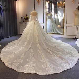 2020 Off the Shoulder Longarm Lace Ball Gown Wedding Dresses Applique Lace-up Back Court Train Bridal Gown vestidos de novia