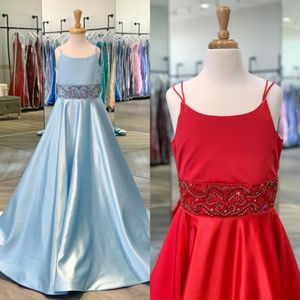 Light Sky Blue Girl Pageant Dress 2020 with Beading Waist Spaghetti Neck A-Line Zipper Red Satin Kids Prom Party Cocktail Birthday Wear Gown