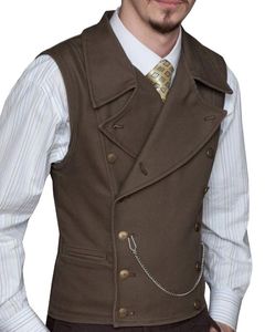 Men's Vests Gentleman Army Green Double Breasted Wool Brown Jacket Tweed Business Waistcoat For Groosmen Man Wedding