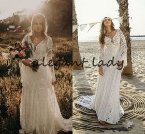 Vintage Crochet Lace Wedding Dresses with Long Sleeve 2023 V-neck Mermaid Hippie Western Country Cowgirl Bohemian Bride Gowns