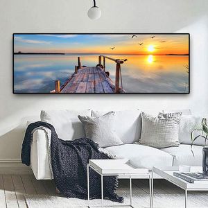 best selling Natural Wooden Bridge Sunset Landscape Wall Art Pictures Painting Wall Art for Living Room Home Decor (No Frame)