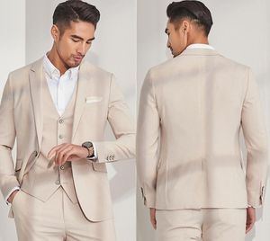 Excellent Beige 3 Piece Suit Men Wedding Tuxedos Notch Lapel Groom Tuxedos Men Business Dinner Prom Blazer(Jacket+Pants+Tie+Vest) 35