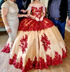 Red Lace Champagne Tulle Wedding Dresses Ball Gown 2021 robes de mariée sirène Off Shoulder Rhinestones Princess Party Dress Sweet 16 Girls