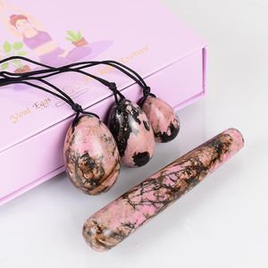 Set di uova di giada con bacchetta da massaggio Pietra curativa rodolite di bellezza Yoni Egg Palla minerale Esercizio Kegel Muscolo del pavimento pelvico Palla vaginale