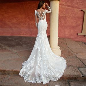 Sexy Mermaid Wedding Dresses Sheer Neck Long Sleeves Appliqued Lace Bride Dress Illusion Wedding Gowns robe de mariee180k