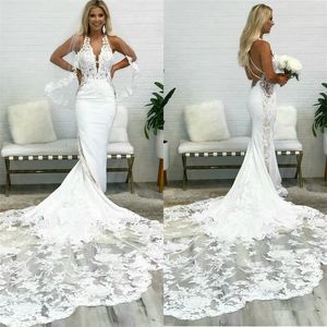 Sexiga Mermaid Bröllopsklänningar Halter Ärmlös Appliqued Lace Elegant Boho Bridal Dress Backless Sweep Train Beach Vestidos de Novia