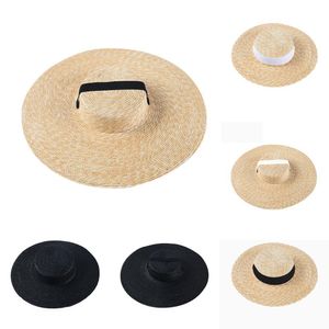 Wide Brim Boater Hat 10cm 15cm Brim Straw Hat Flat White Black Ribbon Tie Sun Hat Beach Cap For Women In Summer Sunshade Cap New Y200619