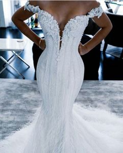 Wedding Dresses Mermaid Ostrich Feather Bridal Gowns Lace Appliques Plus Size 2 4 6 8 10 12 14 16 18 20 22 New241q