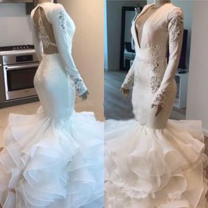 Gorgeous White Ruffles Skirt Mermaid Wedding Dress Long Sleeves Plus Size Beach Party Gowns Seaside Wedding Dresses