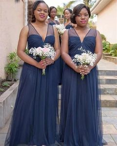 Dark Navy Bridesmaid Dresses Plus Size V Neck Backless Floor Length A Line Pleats Wedding Guest Evening Party Gowns