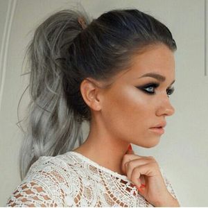 16" wavy gray hair women ponytail extension Human silver grey hair pony tail hairpiece gray bun hair extension clips in 120g 100g