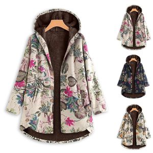 여성 인쇄 코트 3 색 여성 작은 꽃 후드 티 벨벳 두꺼워 플러스 사이즈와 중간 길이의 코트를 따뜻하게 싱글