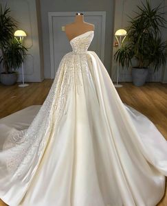 Gorgeous Beading Satin Dresses Strapless Pearls Boho Bridal Gowns Court Train Country Wedding Dress Vestidos De Novia