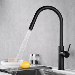Matowy Black Kitchen Sink Faucet Mosiądz Pojedynczy dźwigni Wyciągnij Sprężyna Spout Miksery Dotknij gorącej zimnej wody