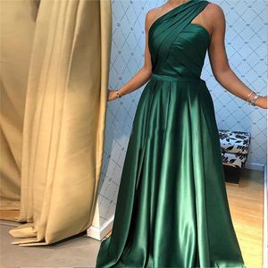 One Shoudler Evening Dresses With Split Sleeveless Zipper Back Arabic Formal Prom Party Gowns Pockets Floor Length