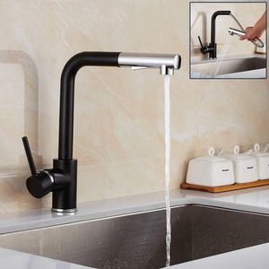 Moderner, herausziehbarer Wasserhahn für Küchenspüle, Waschtischmischer, 360 ° drehbar, Einlochmontage, Messing, Schwarz