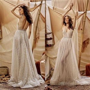 Lace A-Line Wedding Dresses Bling Sequins Appliqued Wedding Gown Spaghetti Sleeveless Sweep Train Illusion Vestidos De Novia