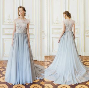 2020 French Pastoral Style Bridesmaid Dresses Chiffon Applique Light Sky Blue Jewel Neck Button Back Robes De Demoiselle D'honneur