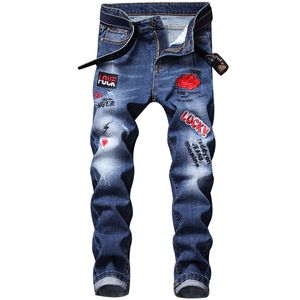 Jeans strappati da uomo firmati Jeans hip-hop slim fit Stretch Rose ricamati Moda uomo Pantaloni in denim blu nero