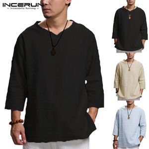 Plus Size 5xl Chinese Style T Shirt Men Solid Loose 3/4 Sleeve V-Neck Tee Shirt Men Casual Cotton Vintage Mens T-shirt