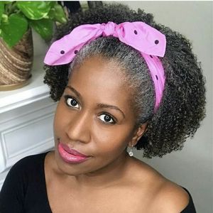 Hot Natrual Grey Hair Short Afro Puff Ponytail African American Drawstring Black Grey Fake Ponytail med Drawstring och Clip (Sliver Grey)