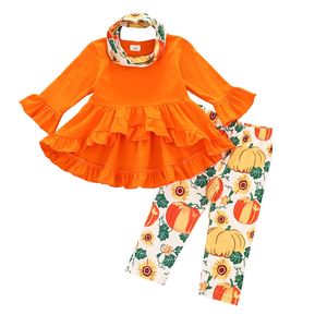 Halloween Baby Girls Kläder Satser Flare Sleeve Dovetail Klänning Topp Pumpa Tryck Byxor + Scarf 3pcs / Set Boutique Kids Outfits M2490