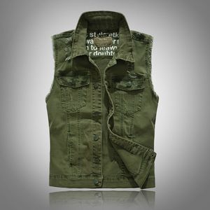 2020 Novos Coletes Slim Fit Cowboy Masculino Jaqueta Vest Rasgado Denim Colete Jaqueta Masculina Sem Mangas Casual Waistcoat Mens Jean Casaco Green CX200804