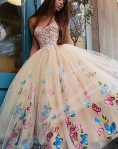 Pretty Strapless Evening Gowns Butterfly Pattern Lace Tulle Evening Party Dress for Special Occations Custom Made