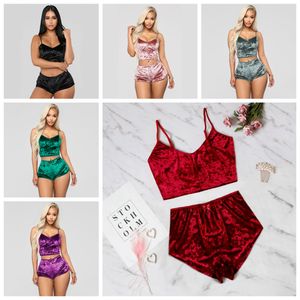 Women Sexy Velvet Pajama Sets Lady Lace Camisole V-Neck Crop Tops Shorts 2Pcs Sleepwear Female Lingerie Pajamas Set Leisure Wear LJJP150